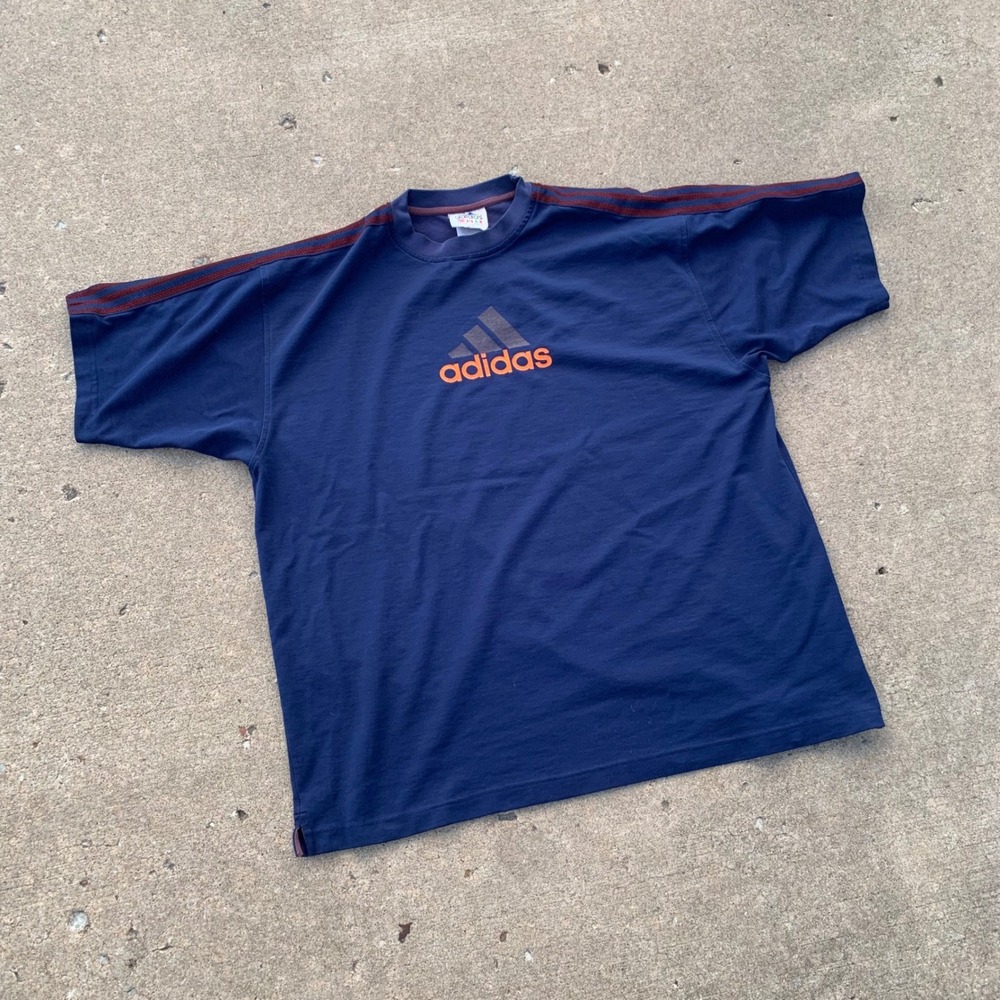 Vintage Adidas Navy Blue T-Shirt XL Center Logo 3 Stripe 90s Sportswear